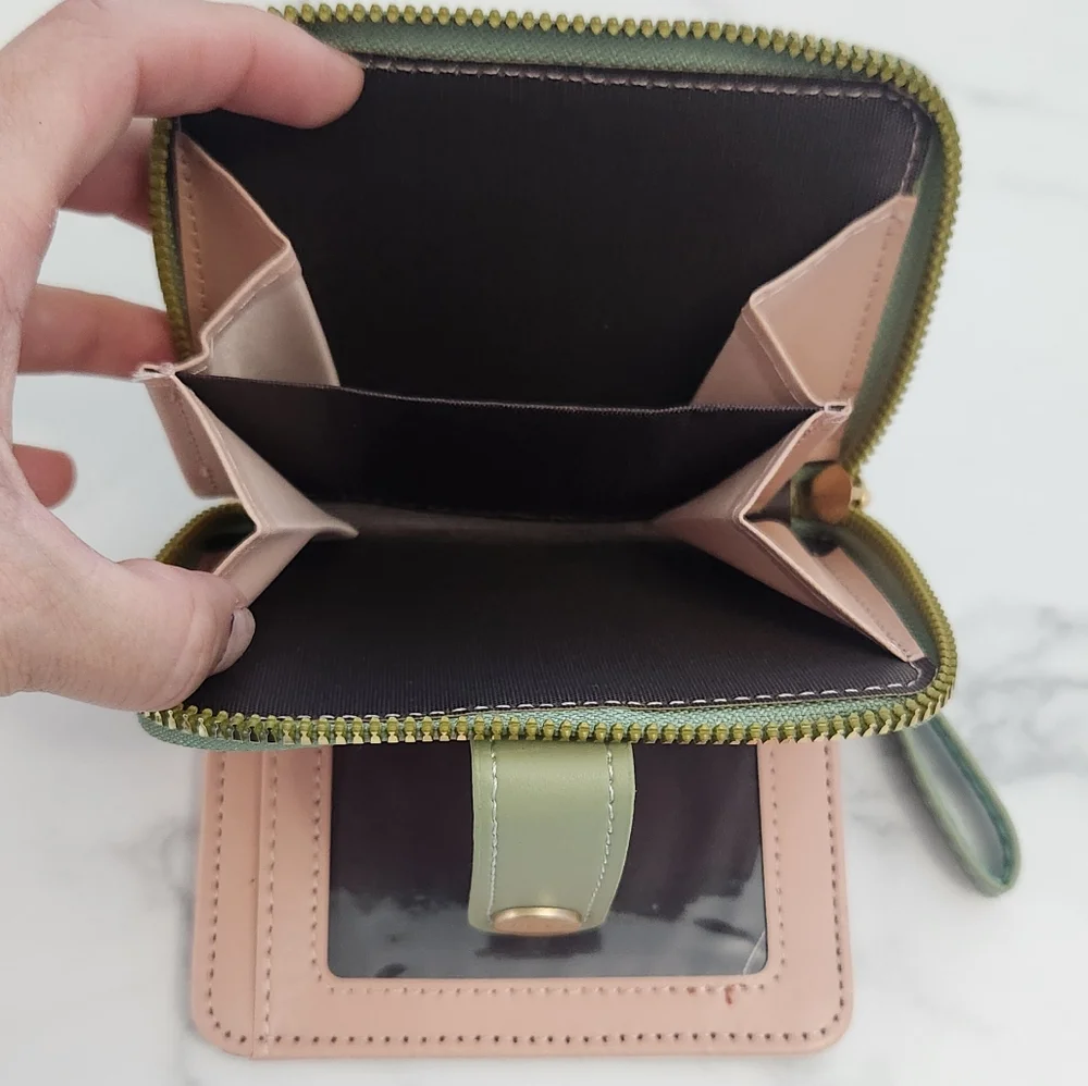 Whimsical Cat Print Mini Wallet Green & White PU Leather • Wristlet Card Hol - Picture 11 of 15